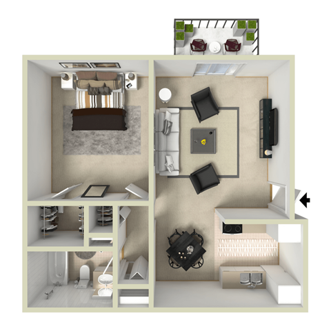 Floor plan for 1 bed, 1 bath, 610 sqft